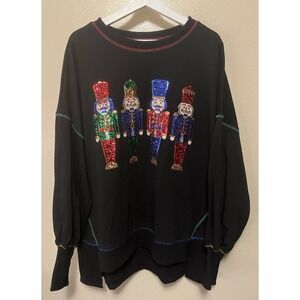Fantastic Fawn Nutcracker Sequin Christmas Sweatshirt Black Oversized Womens S